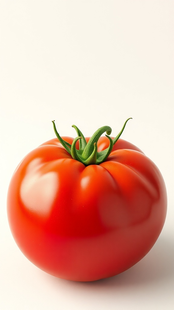 A detailed 3D render of a ripe tomato with a glossy finish and green stem.